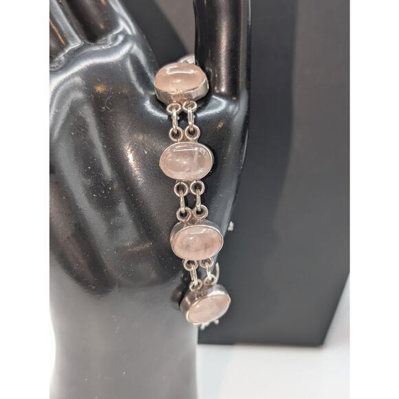 Vintage 925 Sterling Silver Rose Quartz Toggle Clasp Bracelet - Picture 8 of 12